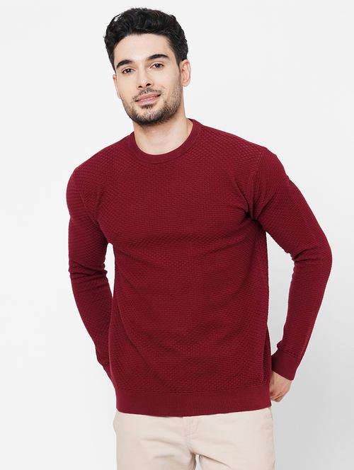 maroon cotton plain self design pullover - 21000425 - Very Small Image - 1