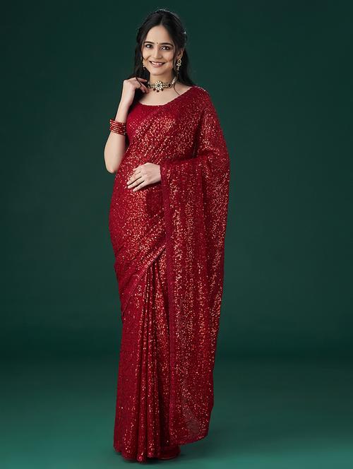 red georgette embellished saree with blouse - 21017061 - Very Small Image - 1