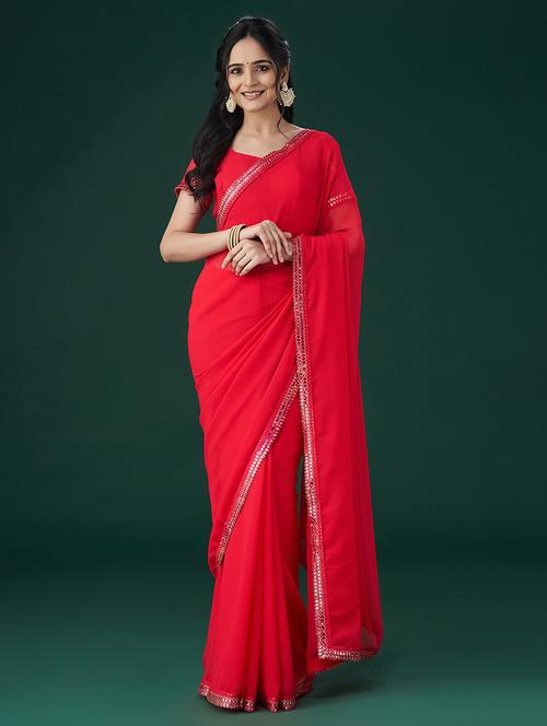 red embroidered saree with blouse - 21017069 - Very Small Image - 1