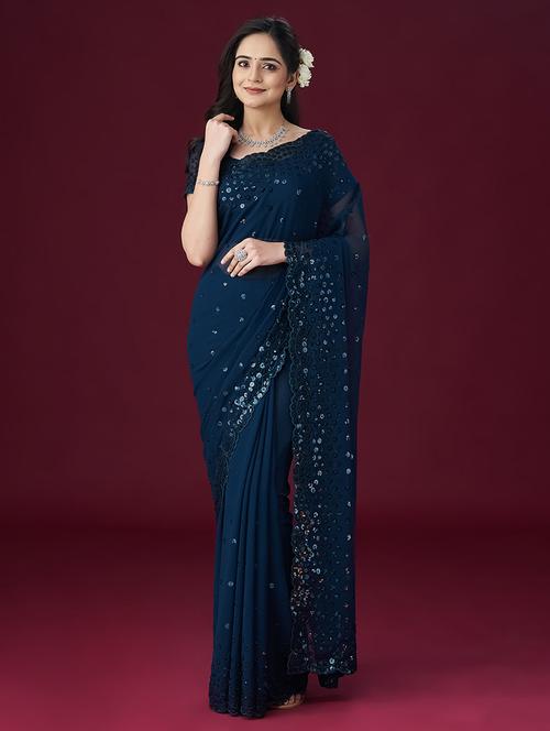 navy blue embellished saree with blouse - 21017077 - Very Small Image - 1