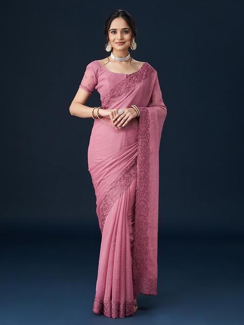 pink chiffon embroidered saree with blouse - 21017082 - Very Small Image - 1