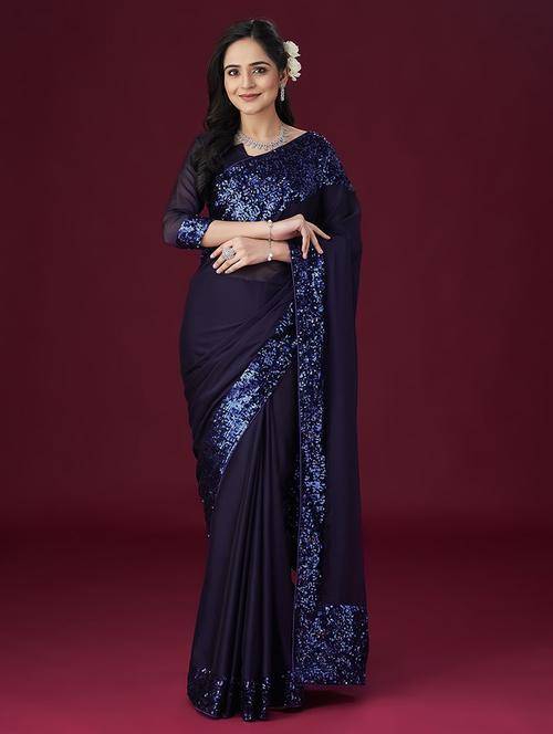 navy blue embellished saree - 21017095 - Very Small Image - 1