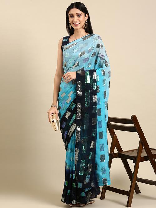 women light blue embroidered sequin work saree with blouse - 21019272 - Very Small Image - 1