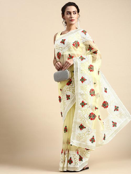 yellow organza embroidered saree with blouse - 21019284 - Very Small Image - 1