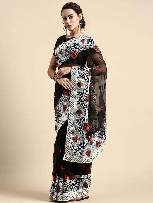 black organza embroidered saree with blouse - 21019287 - Very Small Image - 1