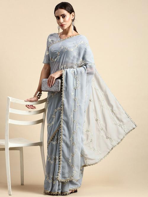 grey georgette embroidered saree with blouse - 21019310 - Very Small Image - 1