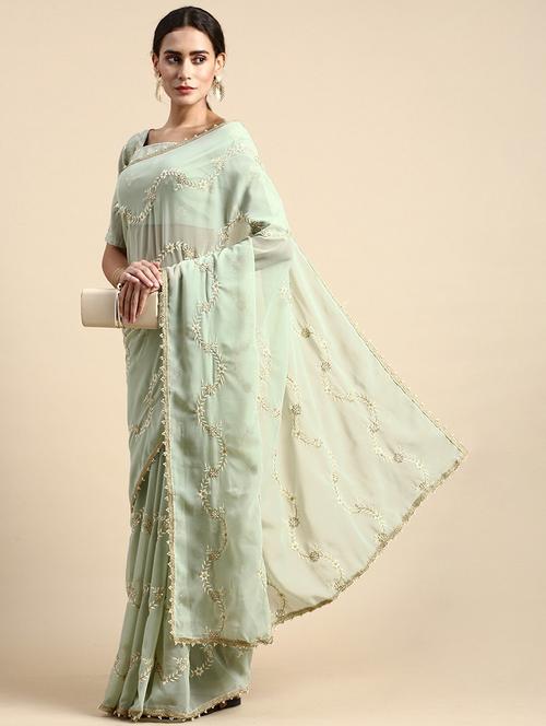 neo mint georgette embroidered saree with blouse - 21019311 - Very Small Image - 1