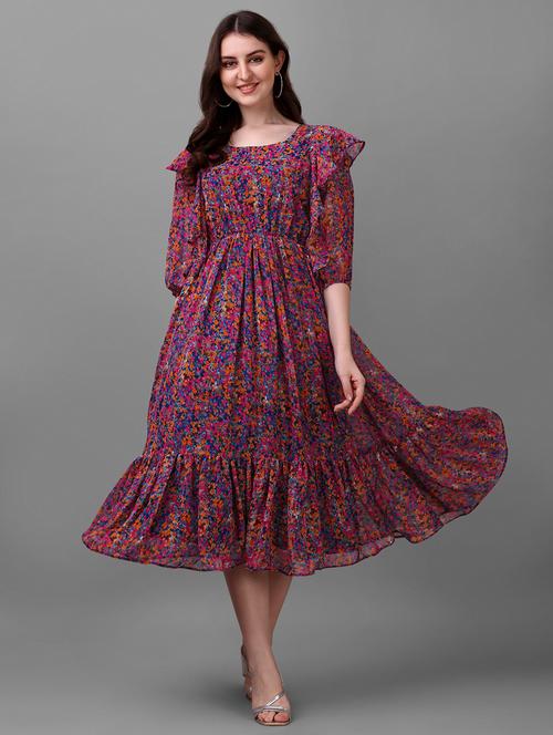 women multi color round neck fit & flare dress - 21020263 - Very Small Image - 1