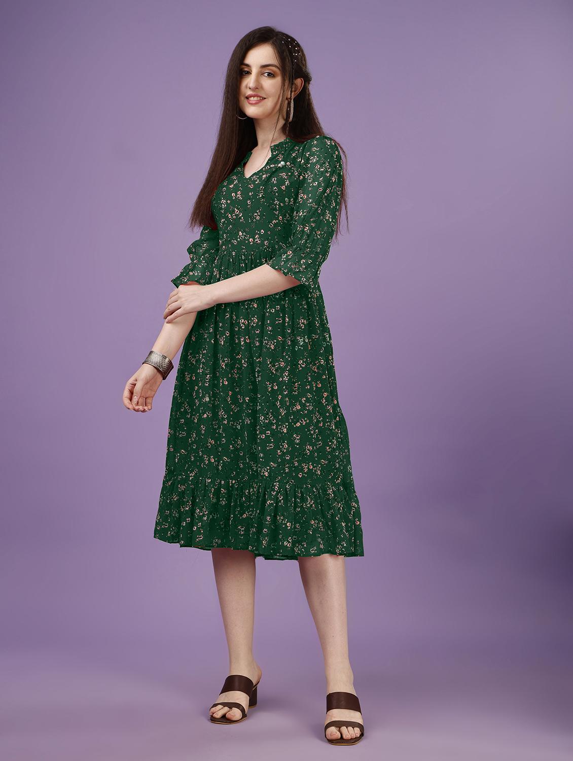 women bottle green floral printed fit & flare dress - 21020265 - Zoom Image - 2