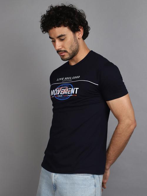 navy blue cotton blend chest print tshirt - 21022546 - Very Small Image - 1
