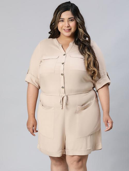 solid beige detailed plus size jumpsuit - 21024483 - Very Small Image - 1