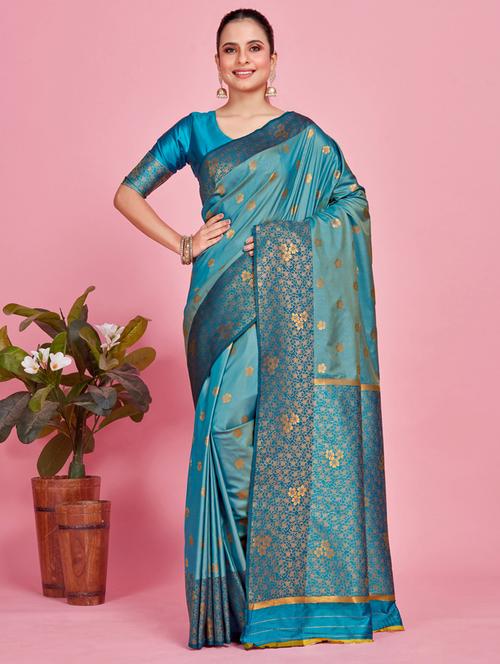 turquoise art silk kanjivaram saree with blouse - 21024877 - Very Small Image - 1
