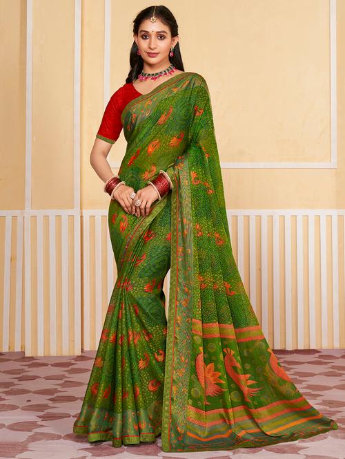 women green printed saree with blouse - 21025313 - Very Small Image - 1