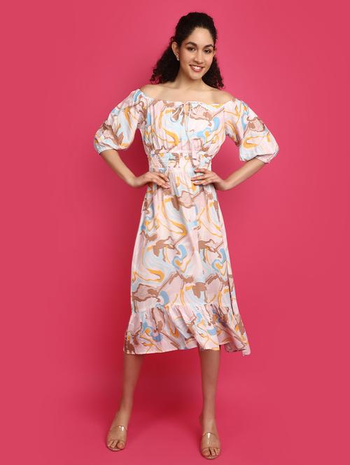 women abstract print off shoulder tiered dress - 21031913 - Very Small Image - 1