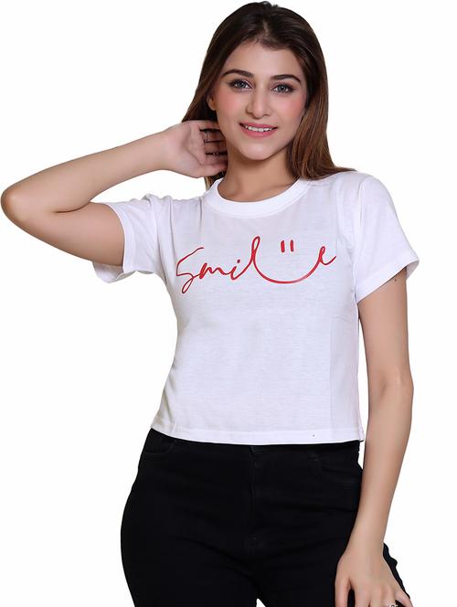 women round neck chest print t-shirt - 21033648 - Very Small Image - 1