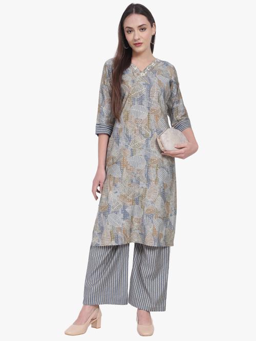 women grey v neck kurta palazzo set - 21033961 - Very Small Image - 1