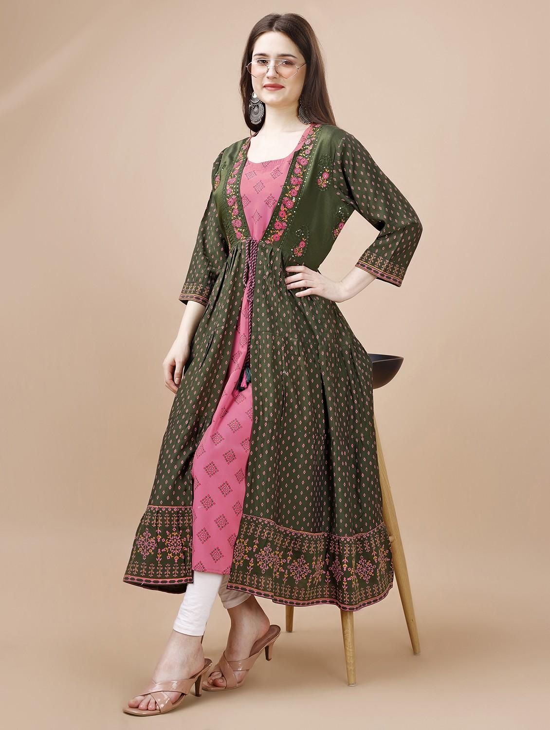 women green round neck tiered kurta - 21034075 - Zoom Image - 3