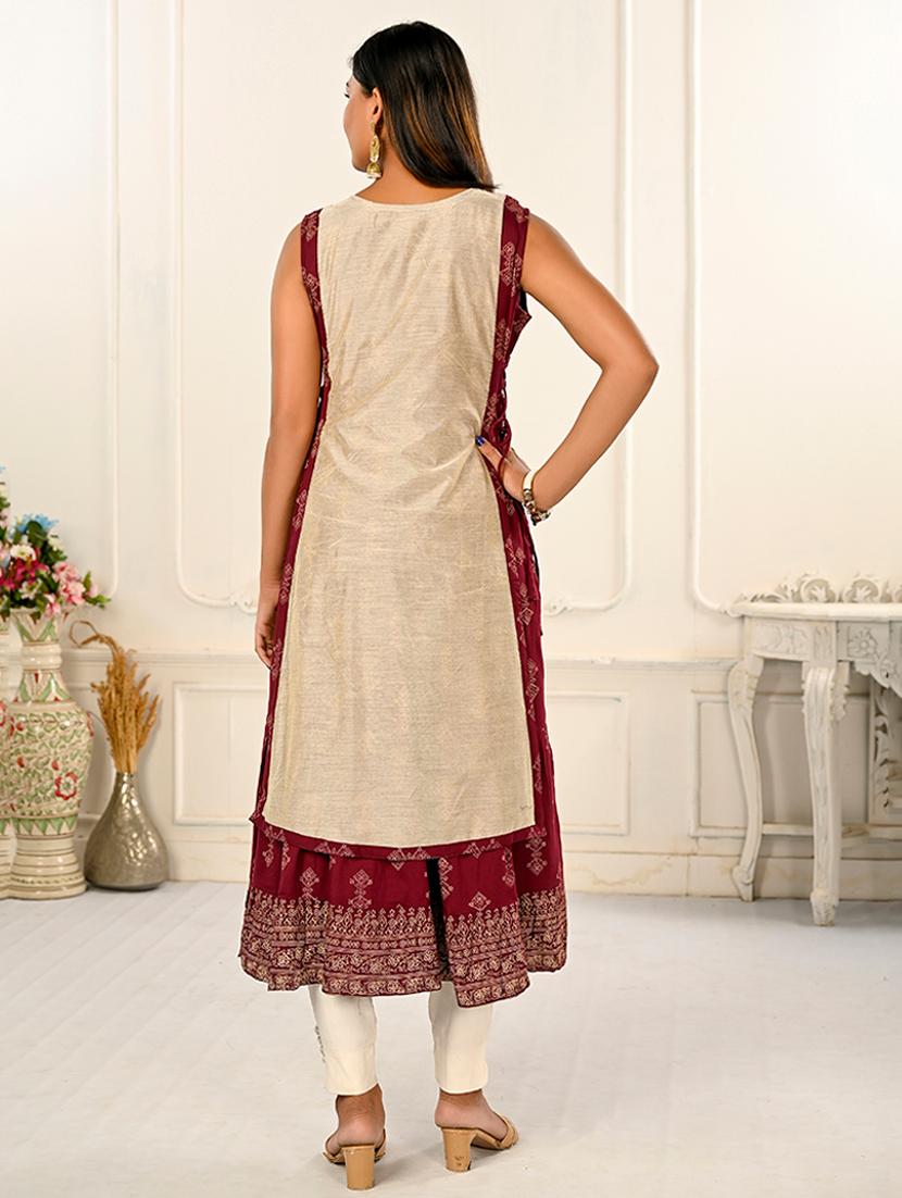 women round neck sleeveless layered kurta - 21034136 - Zoom Image - 2