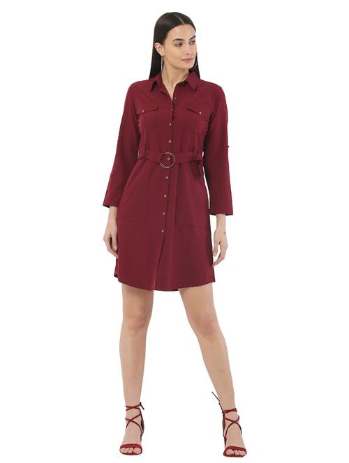 solid maroon detailed shirt dress - 21037448 - Very Small Image - 1