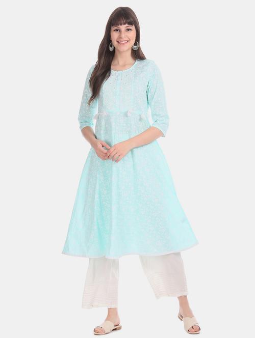 light blue cotton a-line kurta - 21048623 - Very Small Image - 1