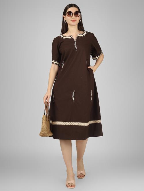 women brown embroidered a-line dress - 21049956 - Very Small Image - 1