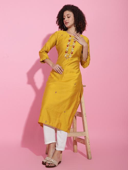 mustard viscose embroidered straight kurta - 21050066 - Very Small Image - 1