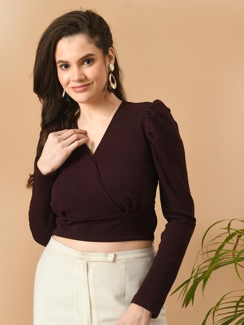 women solid long sleeves crop top - 21052423 - Very Small Image - 1