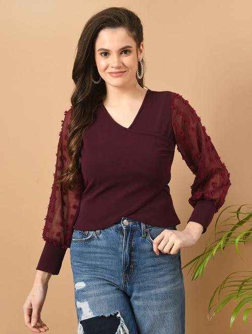 women solids v neck long sleeves top - 21052497 - Very Small Image - 1