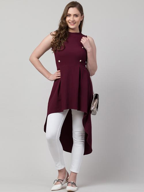 women solid burgundy high low detailed tunic - 21052937 - Very Small Image - 1