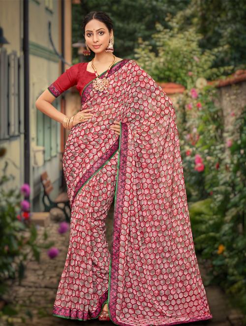 pink georgette printed saree with blouse - 21053442 - Very Small Image - 1