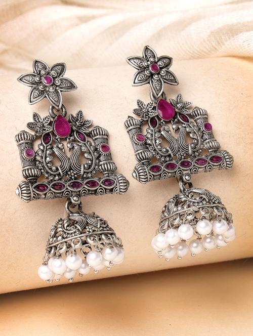 adiva oxidised silver-plated pink stone & pearl peacock shaped jhumka earrings - 21054051 - Very Small Image - 1