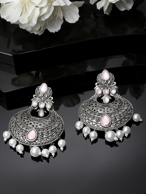 adiva oxidised silver-plated pearl & pearl stone studded crescent shaped chandbali earrings - 21054056 - Very Small Image - 1