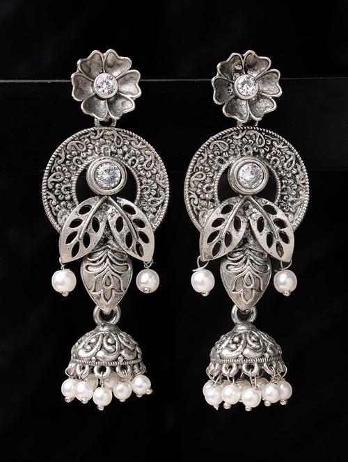 adiva oxidised silver-plated white stone & pearls floral shaped jhumka earrings - 21054058 - Very Small Image - 1