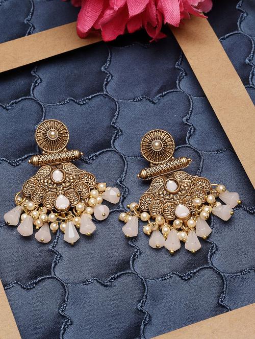 adiva antique gold-plated pink pearl & stone contemporary shaped drop earrings - 21054075 - Very Small Image - 1
