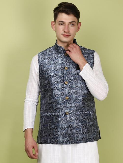 men mandarin neck printed nehru jacket - 21058221 - Very Small Image - 1