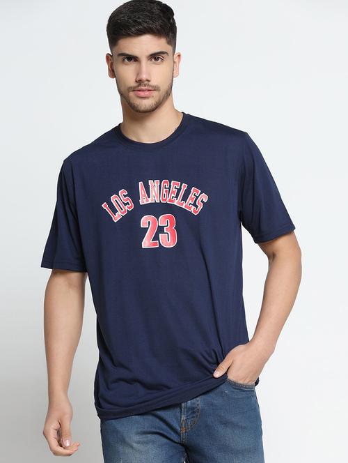 navy blue colored cotton blend chest print t-shirt - 21058903 - Very Small Image - 1