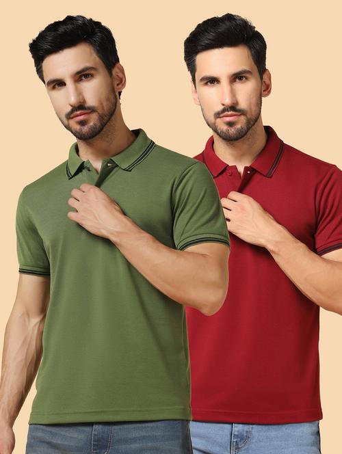 pack of 2 solid multi coloured detailed polo t-shirt - 21062641 - Very Small Image - 1