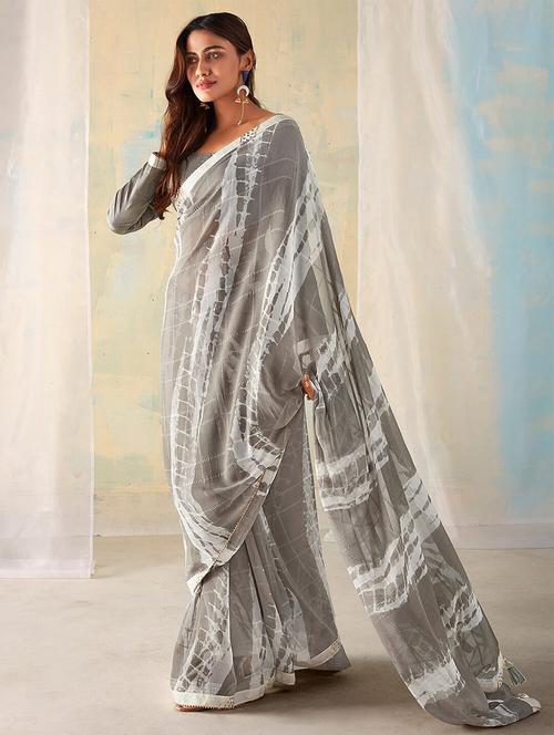 grey shibori printed saree with blouse - 21063098 - Very Small Image - 1