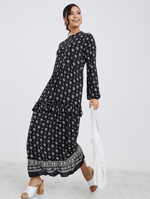 women black printed long sleeve tiered maxi dress - 21068324 - Very Small Image - 1