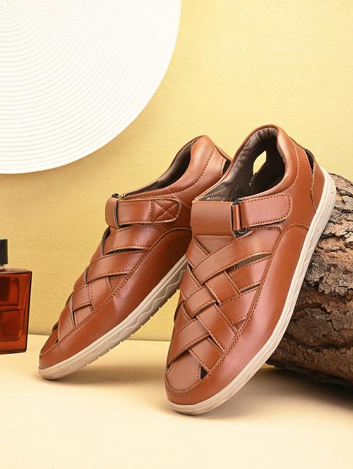 tan leatherette slip on sandals - 21069364 - Very Small Image - 1