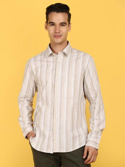 men beige regular fit striped casual shirt - 21074060 - Very Small Image - 1