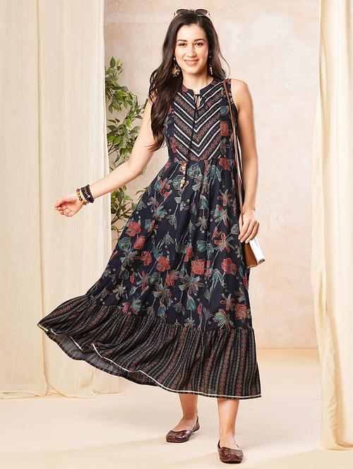 globus women blue floral print mandarin collar maxi dress - 21082114 - Very Small Image - 1