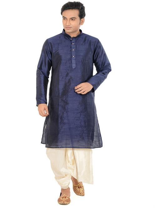 dark blue pure silk dhoti kurta ethnic wear set - 21098120 - Very Small Image - 1