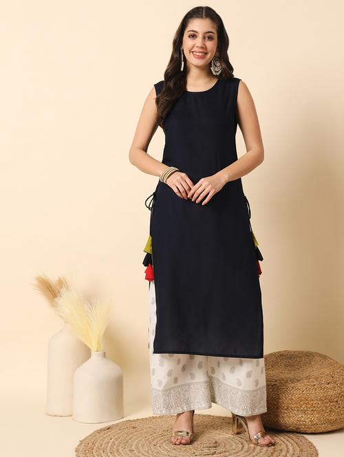 Women Navy Blue Round Neck Straight Kurta - 21099429 - Very Small Image - 1
