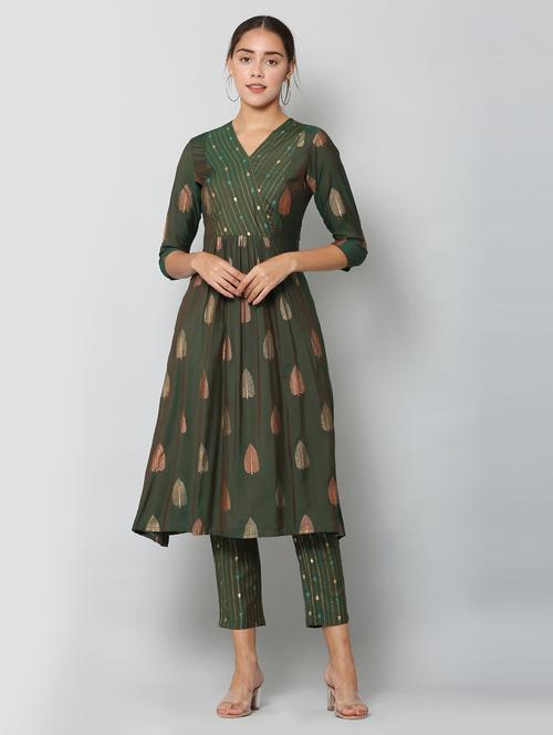 women green v neck kurta pant set - 21100686 - Very Small Image - 1