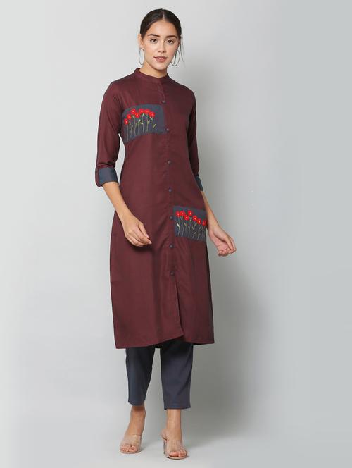 women burgundy mandarin neck kurta pant set - 21100697 - Very Small Image - 1