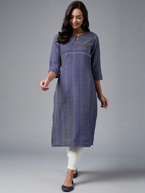 women navy blue striped printed kurta - 21102114 - Very Small Image - 1