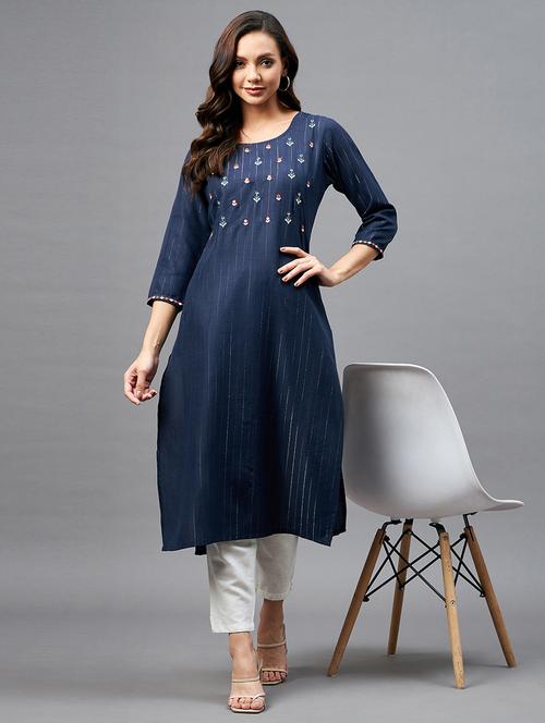 women navy blue self design detailed kurta - 21102117 - Very Small Image - 1