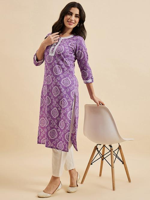 women lavender printed straight kurta - 21102119 - Very Small Image - 1