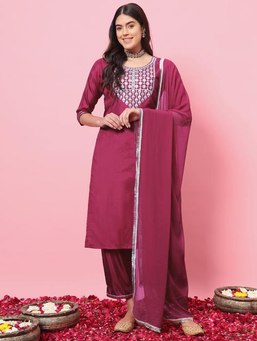 Women Three Quarter Sleeve Kurta Pant With Dupatta Set - 21102175 - Very Small Image - 1